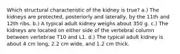 Which structural characteristic of the kidney is true? a.) The kidneys are protected, posteriorly and laterally, by the 11th and 12th ribs. b.) A typical adult kidney weighs about 350 g. c.) The kidneys are located on either side of the vertebral column between vertebrae T10 and L1. d.) The typical adult kidney is about 4 cm long, 2.2 cm wide, and 1.2 cm thick.