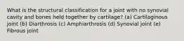 What is the structural classification for a joint with no synovial cavity and bones held together by cartilage? (a) Cartilaginous joint (b) Diarthrosis (c) Amphiarthrosis (d) Synovial joint (e) Fibrous joint