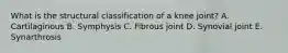 What is the structural classification of a knee joint? A. Cartilaginous B. Symphysis C. Fibrous joint D. Synovial joint E. Synarthrosis