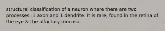 structural classification of a neuron where there are two processes--1 axon and 1 dendrite. It is rare, found in the retina of the eye & the olfactory mucosa.