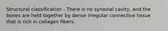 Structural classification - There is no synovial cavity, and the bones are held together by dense irregular connective tissue that is rich in collagen fibers.