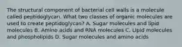 The structural component of bacterial cell walls is a molecule called peptidoglycan. What two classes of organic molecules are used to create peptidoglycan? A. Sugar molecules and lipid molecules B. Amino acids and RNA molecules C. Lipid molecules and phospholipids D. Sugar molecules and amino acids