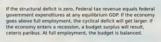 If the structural deficit is zero, Federal tax revenue equals federal government expenditures at any equilibrium GDP. If the economy goes above full employment, the cyclical deficit will get larger. If the economy enters a recession, a budget surplus will result, ceteris paribus. At full employment, the budget is balanced.