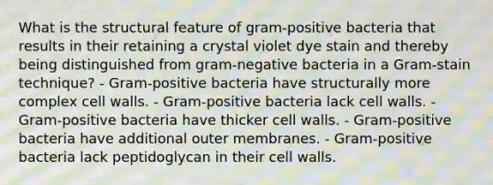 What is the structural feature of gram-positive bacteria that results in their retaining a crystal violet dye stain and thereby being distinguished from gram-negative bacteria in a Gram-stain technique? - Gram-positive bacteria have structurally more complex cell walls. - Gram-positive bacteria lack cell walls. - Gram-positive bacteria have thicker cell walls. - Gram-positive bacteria have additional outer membranes. - Gram-positive bacteria lack peptidoglycan in their cell walls.