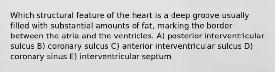 Which structural feature of <a href='https://www.questionai.com/knowledge/kya8ocqc6o-the-heart' class='anchor-knowledge'>the heart</a> is a deep groove usually filled with substantial amounts of fat, marking the border between the atria and the ventricles. A) posterior interventricular sulcus B) coronary sulcus C) anterior interventricular sulcus D) coronary sinus E) interventricular septum