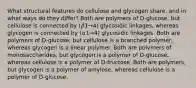 What structural features do cellulose and glycogen share, and in what ways do they differ? Both are polymers of D‑glucose, but cellulose is connected by (𝛽1→4) glycosidic linkages, whereas glycogen is connected by (𝛼1→4) glycosidic linkages. Both are polymers of D‑glucose, but cellulose is a branched polymer, whereas glycogen is a linear polymer. Both are polymers of monosaccharides, but glycogen is a polymer of D‑glucose, whereas cellulose is a polymer of D‑fructose. Both are polymers, but glycogen is a polymer of amylose, whereas cellulose is a polymer of D‑glucose.