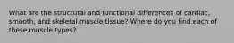 What are the structural and functional differences of cardiac, smooth, and skeletal muscle tissue? Where do you find each of these muscle types?