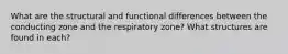 What are the structural and functional differences between the conducting zone and the respiratory zone? What structures are found in each?