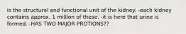 is the structural and functional unit of the kidney. -each kidney contains approx. 1 million of these. -it is here that urine is formed. -HAS TWO MAJOR PROTIONS??