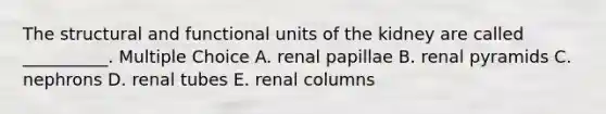 The structural and functional units of the kidney are called __________. Multiple Choice A. renal papillae B. renal pyramids C. nephrons D. renal tubes E. renal columns