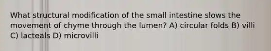 What structural modification of the small intestine slows the movement of chyme through the lumen? A) circular folds B) villi C) lacteals D) microvilli