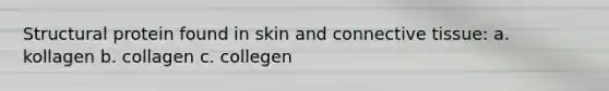 Structural protein found in skin and connective tissue: a. kollagen b. collagen c. collegen