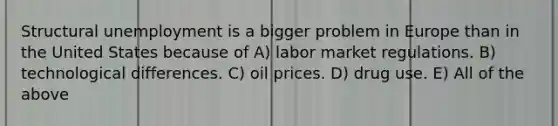 Structural unemployment is a bigger problem in Europe than in the United States because of A) labor market regulations. B) technological differences. C) oil prices. D) drug use. E) All of the above