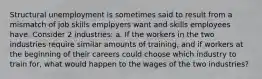 Structural unemployment is sometimes said to result from a mismatch of job skills emplpyers want and skills employees have. Consider 2 industries: a. If the workers in the two industries require similar amounts of training, and if workers at the beginning of their careers could choose which industry to train for, what would happen to the wages of the two industries?