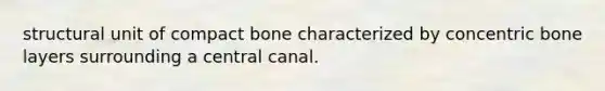 structural unit of compact bone characterized by concentric bone layers surrounding a central canal.