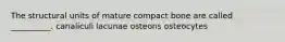 The structural units of mature compact bone are called __________. canaliculi lacunae osteons osteocytes