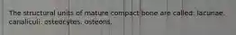 The structural units of mature compact bone are called: lacunae. canaliculi. osteocytes. osteons.