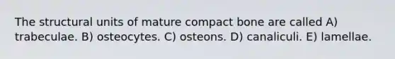 The structural units of mature compact bone are called A) trabeculae. B) osteocytes. C) osteons. D) canaliculi. E) lamellae.