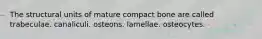 The structural units of mature compact bone are called trabeculae. canaliculi. osteons. lamellae. osteocytes.