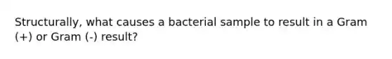 Structurally, what causes a bacterial sample to result in a Gram (+) or Gram (-) result?