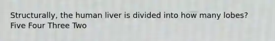 Structurally, the human liver is divided into how many lobes? Five Four Three Two