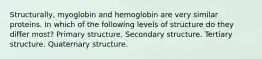 Structurally, myoglobin and hemoglobin are very similar proteins. In which of the following levels of structure do they differ most? Primary structure. Secondary structure. Tertiary structure. Quaternary structure.