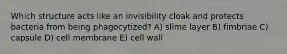 Which structure acts like an invisibility cloak and protects bacteria from being phagocytized? A) slime layer B) fimbriae C) capsule D) cell membrane E) cell wall