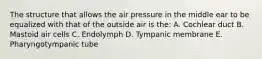 The structure that allows the air pressure in the middle ear to be equalized with that of the outside air is the: A. Cochlear duct B. Mastoid air cells C. Endolymph D. Tympanic membrane E. Pharyngotympanic tube