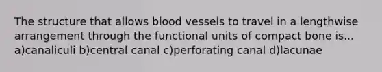 The structure that allows blood vessels to travel in a lengthwise arrangement through the functional units of compact bone is... a)canaliculi b)central canal c)perforating canal d)lacunae