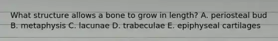 What structure allows a bone to grow in length? A. periosteal bud B. metaphysis C. lacunae D. trabeculae E. epiphyseal cartilages