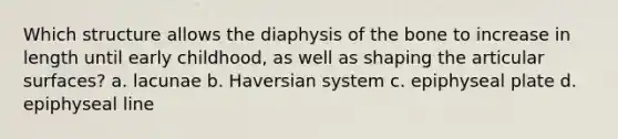 Which structure allows the diaphysis of the bone to increase in length until early childhood, as well as shaping the articular surfaces? a. lacunae b. Haversian system c. epiphyseal plate d. epiphyseal line