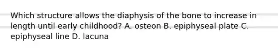 Which structure allows the diaphysis of the bone to increase in length until early childhood? A. osteon B. epiphyseal plate C. epiphyseal line D. lacuna