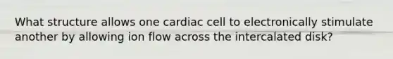 What structure allows one cardiac cell to electronically stimulate another by allowing ion flow across the intercalated disk?