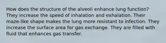 How does the structure of the alveoli enhance lung function? They increase the speed of inhalation and exhalation. Their maze-like shape makes the lung more resistant to infection. They increase the surface area for <a href='https://www.questionai.com/knowledge/kU8LNOksTA-gas-exchange' class='anchor-knowledge'>gas exchange</a>. They are filled with fluid that enhances gas transfer.