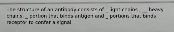 The structure of an antibody consists of _ light chains , __ heavy chains, _ portion that binds antigen and _ portions that binds receptor to confer a signal.