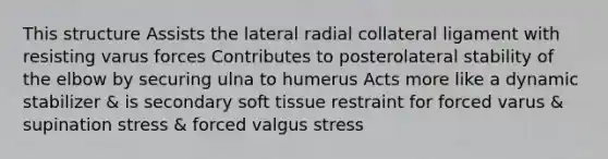 This structure Assists the lateral radial collateral ligament with resisting varus forces Contributes to posterolateral stability of the elbow by securing ulna to humerus Acts more like a dynamic stabilizer & is secondary soft tissue restraint for forced varus & supination stress & forced valgus stress