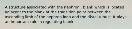 A structure associated with the nephron , blank which is located adjacent to the blank at the transition point between the ascending limb of the nephron loop and the distal tubule. It plays an important role in regulating blank.