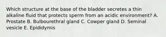 Which structure at the base of the bladder secretes a thin alkaline fluid that protects sperm from an acidic environment? A. Prostate B. Bulbourethral gland C. Cowper gland D. Seminal vesicle E. Epididymis