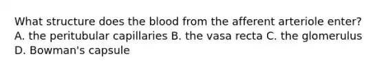 What structure does the blood from the afferent arteriole enter? A. the peritubular capillaries B. the vasa recta C. the glomerulus D. Bowman's capsule