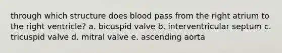 through which structure does blood pass from the right atrium to the right ventricle? a. bicuspid valve b. interventricular septum c. tricuspid valve d. mitral valve e. ascending aorta