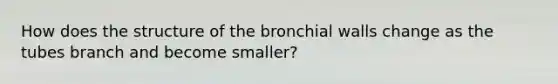 How does the structure of the bronchial walls change as the tubes branch and become smaller?