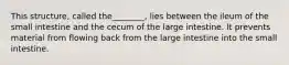 This structure, called the________, lies between the ileum of the small intestine and the cecum of the large intestine. It prevents material from flowing back from the large intestine into the small intestine.