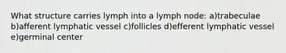 What structure carries lymph into a lymph node: a)trabeculae b)afferent lymphatic vessel c)follicles d)efferent lymphatic vessel e)germinal center