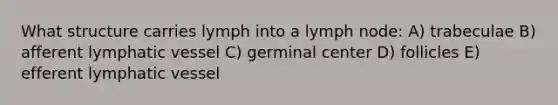 What structure carries lymph into a lymph node: A) trabeculae B) afferent lymphatic vessel C) germinal center D) follicles E) efferent lymphatic vessel