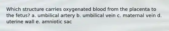 Which structure carries oxygenated blood from the placenta to the fetus? a. umbilical artery b. umbilical vein c. maternal vein d. uterine wall e. amniotic sac