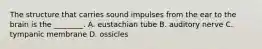 The structure that carries sound impulses from the ear to the brain is the​ ________. A. eustachian tube B. auditory nerve C. tympanic membrane D. ossicles