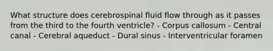 What structure does cerebrospinal fluid flow through as it passes from the third to the fourth ventricle? - Corpus callosum - Central canal - Cerebral aqueduct - Dural sinus - Interventricular foramen