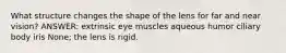 What structure changes the shape of the lens for far and near vision? ANSWER: extrinsic eye muscles aqueous humor ciliary body iris None; the lens is rigid.