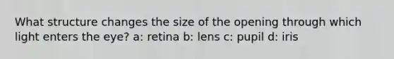 What structure changes the size of the opening through which light enters the eye? a: retina b: lens c: pupil d: iris