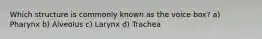 Which structure is commonly known as the voice box? a) Pharynx b) Alveolus c) Larynx d) Trachea